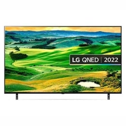 A front view of the LG QNED TV with infill image and product logo on2