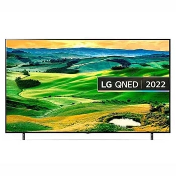 A front view of the LG QNED TV with infill image and product logo on1