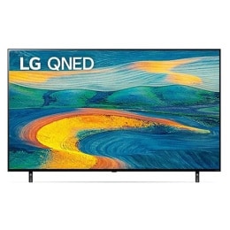 A front view of the LG QNED TV with infill image and product logo on2