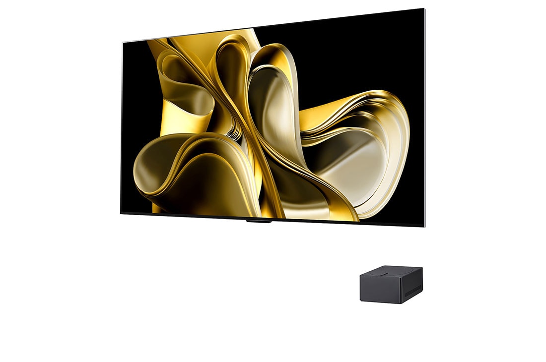 LG 77-Inch Wireless OLED evo M3 TV, Slightly-angled left-facing side view of LG OLED M3 on the wall with the Zero Connect Box below it, OLED77M36LA, thumbnail 2