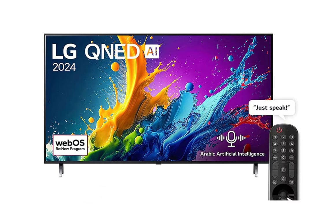 LG 55 Inch LG QNED QNED80 4K Smart TV AI Magic remote HDR10 webOS24 2024, front view, 55QNED80T6B