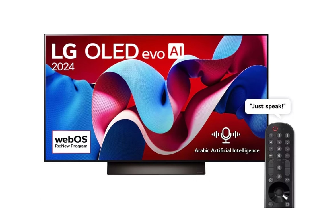 LG 77 Inch LG OLED evo C4 4K Smart TV AI Magic remote Dolby Vision webOS24 2024, Front view with LG OLED evo TV, OLED77C46LA