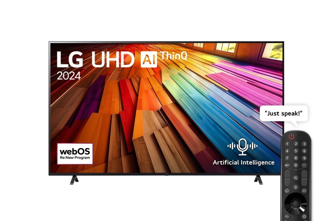 LG 86 Inch LG UHD UT80 4K Smart TV AI Magic remote HDR10 webOS24 2024, Front view of LG UHD TV, UT80 with text of LG UHD AI, 2024, and webOS Re:New Program logo on screen, 86UT80006LA