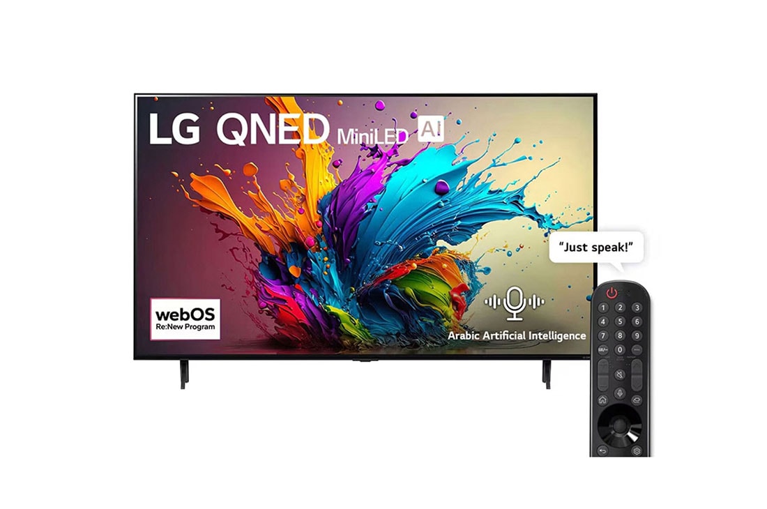 LG 65 Inch LG QNED MiniLED QNED90 4K Smart TV AI Magic remote HDR10 webOS24 2024, front view , 65QNED90T6A