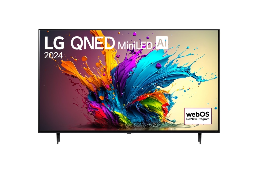 LG 65 Inch LG QNED MiniLED QNED90 4K Smart TV AI Magic remote HDR10 webOS24 2024, Front view of LG QNED MiniLED TV, QNED90 with text of LG QNED MiniLED AI, 2024, and webOS Re:New Program logo on screen, 65QNED90T6A, thumbnail 2