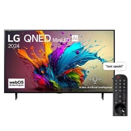 Front view of LG QNED TV, QNED90 with text of LG QNED MiniLED, 2024, and webOS Re:New Program logo on screen2