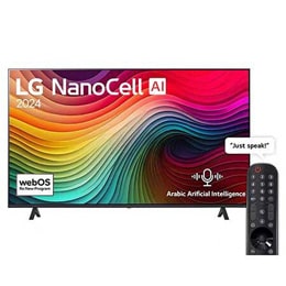 Front view of LG NanoCell TV, NANO81 with text of LG NanoCell, 2024, and webOS Re:New Program logo on screen2