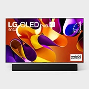 LG 77 Inch LG OLED evo G4 4K Smart TV AI Magic remote Dolby Vision webOS24 2024, Front view with LG OLED evo AI TV, OLED G4, 11 Years of world number 1 OLED Emblem, webOS Re:New Program logo, and 5-Year Panel Warranty logo on screen, as well as the Soundbar below, OLED77G46LA, thumbnail 2