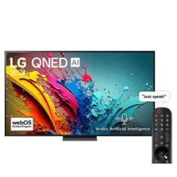 Front view of LG QNED TV, QNED90 with text of LG QNED MiniLED, 2024, and webOS Re:New Program logo on screen1