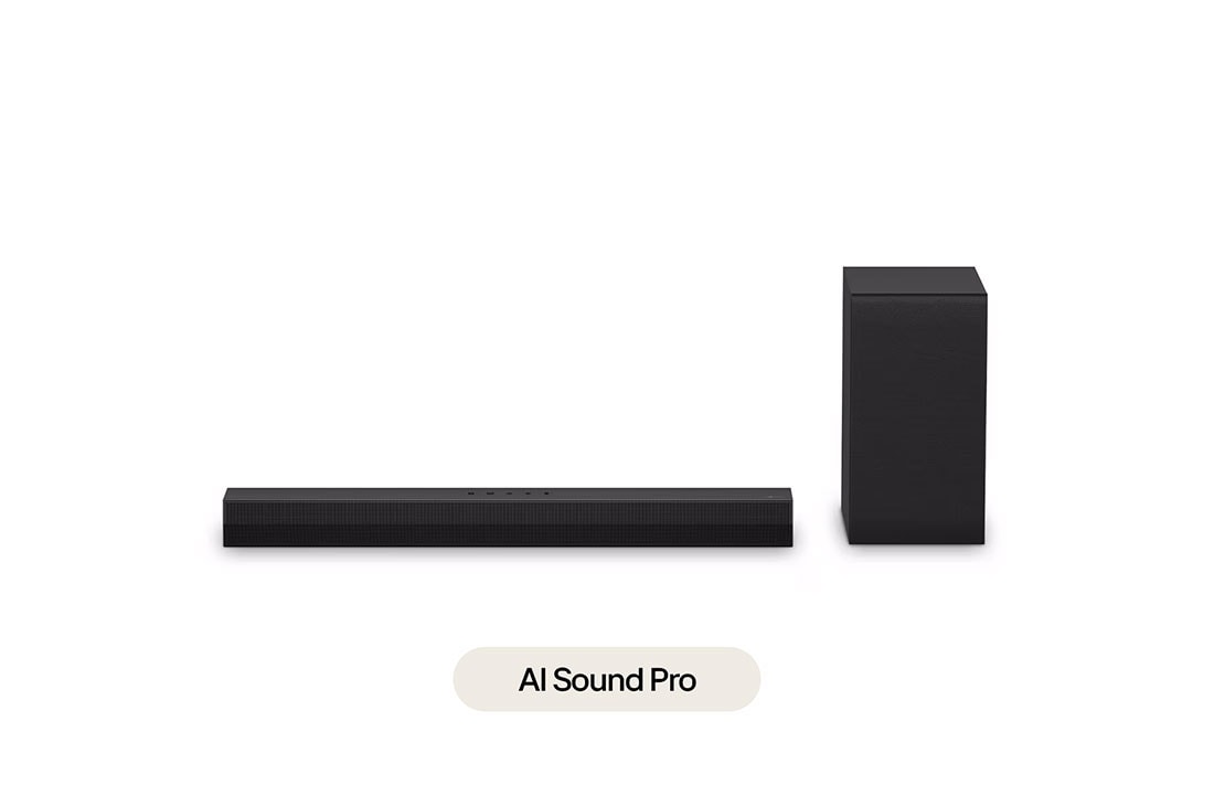 LG Soundbar for TV 2.1 channel S40T with AI Sound Pro, 3 - Band EQ, 2024, Front view of LG Soundbar S40T and subwoofer, S40T
