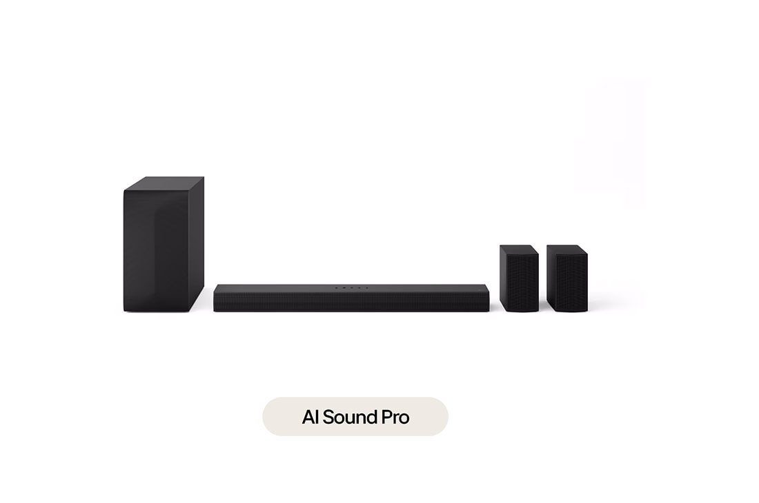 LG Soundbar for TV 5.1 channel S65TR with AI Sound Pro, 3-Band EQ, 2024, Front view of LG Soundbar S65TR, subwoofer, and Rear Speakers, S65TR