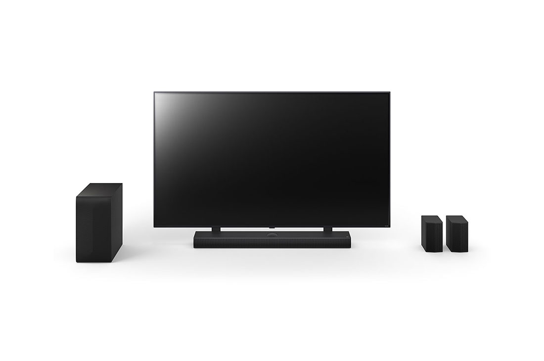 LG Soundbar for TV with Dolby Atmos 5.1.1 channel S75TR, 120Hz gaming, 2024, Front view of 65inch LG QNED, LG Soundbar S75TR, Rear Speakers, and subwoofer, S75TR, thumbnail 12