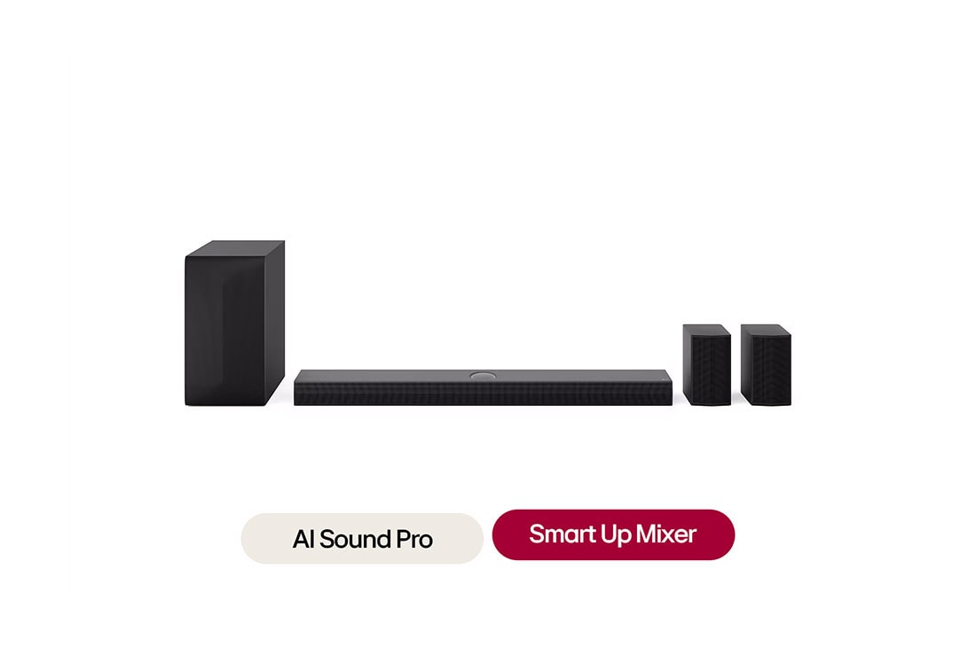 LG Soundbar for TV with Dolby Atmos 5.1.1 channel S75TR, 120Hz gaming, 2024, Front view of LG Soundbar S75TR, subwoofer, and Rear Speakers, S75TR