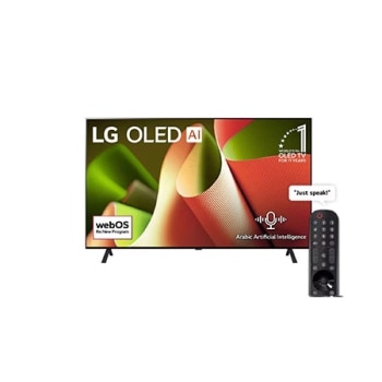 Front view with LG OLED TV, OLED B4, 11 Years of world number 1 OLED Emblem and webOS Re:New Program logo on screen with 2-pole stand1