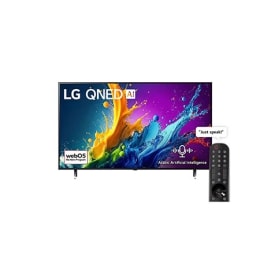 Front view of LG NanoCell TV, NANO80 with text of LG NanoCell, 2024, and webOS Re:New Program logo on screen2