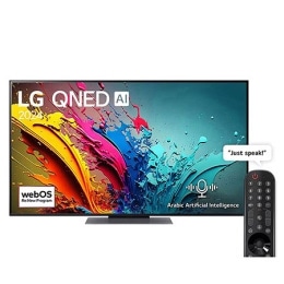 Front view of LG QNED TV, QNED90 with text of LG QNED MiniLED, 2024, and webOS Re:New Program logo on screen2