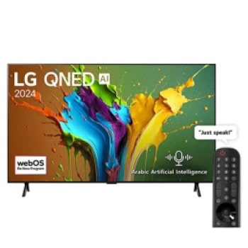 Front view of LG QNED TV, QNED89 with text of LG QNED, 2024, and webOS Re:New Program logo on screen.1