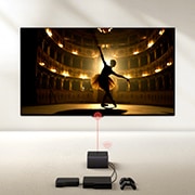 LG World’s First True Wireless TV 83 inch LG OLED evo AI M4 with 4K 144Hz Video & Audio Transfer , A Zero Connect Box in front of an LG OLED evo M4, and a red Wi-Fi signal and red beam emitting towards the TV. The TV displays a ballerina dancing solo on stage., OLED83M46LA, thumbnail 12