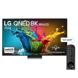 Front view of LG QNED TV, QNED99 with text of LG QNED 8K MiniLED, 2024, and webOS Re:New Program logo on screen2