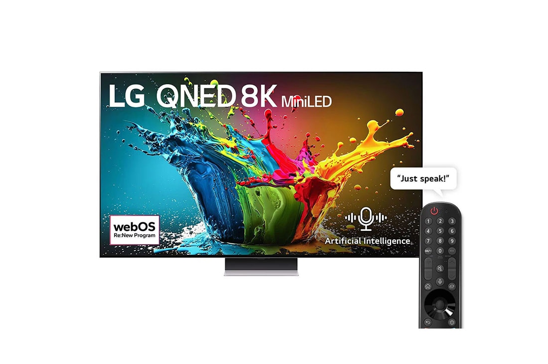 LG 75 Inch LG QNED MiniLED QNED99 8K Smart TV AI Magic remote HDR10 webOS24 2024, front view of the LG QNED TV with infill image and product logo on, 75QNED99T6B