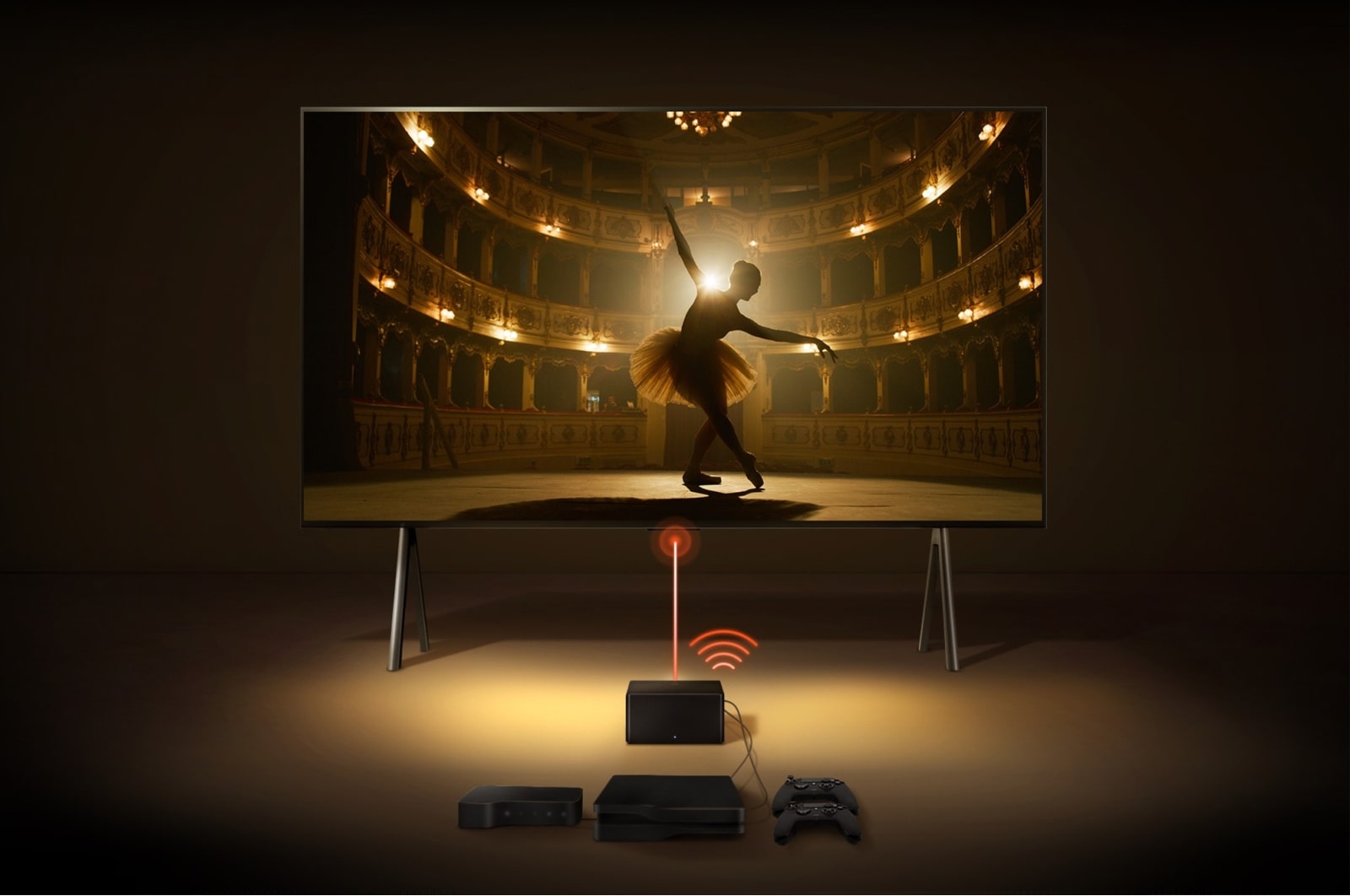 LG True Wireless TV 97 inch LG SIGNATURE OLED M4 with 4K 120Hz Video & Audio Transfer , A Zero Connect Box in front of an LG SIGNATURE OLED M4, and a red Wi-Fi signal and red beam emitting towards the TV. The TV displays a ballerina dancing solo on stage., OLED97M46LA
