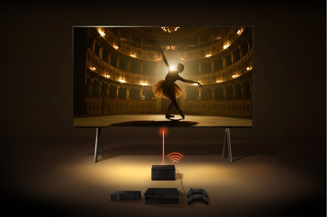LG True Wireless TV 97 inch LG SIGNATURE OLED M4 with 4K 120Hz Video & Audio Transfer , A Zero Connect Box in front of an LG SIGNATURE OLED M4, and a red Wi-Fi signal and red beam emitting towards the TV. The TV displays a ballerina dancing solo on stage., OLED97M46LA, thumbnail 13