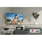 LG True Wireless TV 97 inch LG SIGNATURE OLED M4 with 4K 120Hz Video & Audio Transfer , An LG SIGNATURE OLED M4 on a stand in a bright, modern living room. A Zero Connect Box on a table next to a sofa, and a red Wi-Fi signal and red beam emitting towards the TV. The words "location FREE", OLED97M46LA, thumbnail 16