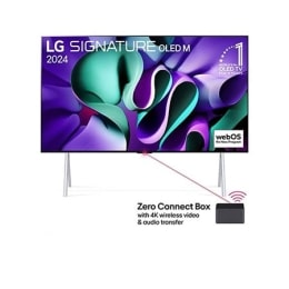Front view with LG OLED M4 on the stand and Zero Connect Box below, 11 Years of world number 1 OLED Emblem, webOS Re:New Program logo, and 5-Year Panel Warranty logo on screen2