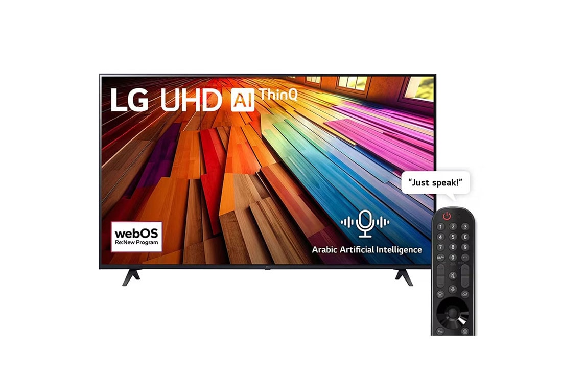 LG 86 Inch LG UHD AI UT80 4K Smart TV AI Magic remote HDR10 webOS24 2024, Front view of LG UHD TV, UT80 with text of LG UHD AI, 2024, and webOS Re:New Program logo on screen, 86UT80006LB