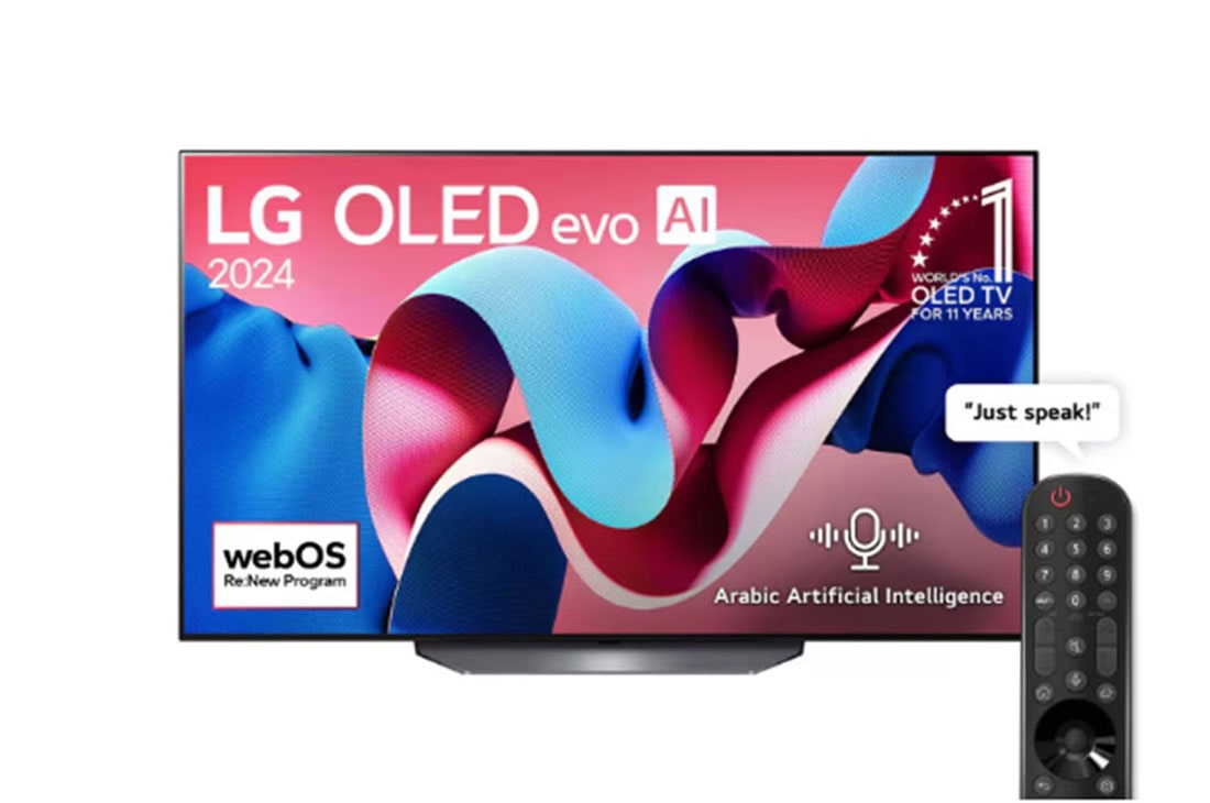 LG 55 Inch LG OLED evo CS4 4K Smart TV AI Magic Remote Dolby Vision WebOS24, 2024, Front view with LG OLED evo AI TV, OLED CS4, 11 Years of world number 1 OLED Emblem and webOS Re:New Program logo on screen, OLED55CS4VA