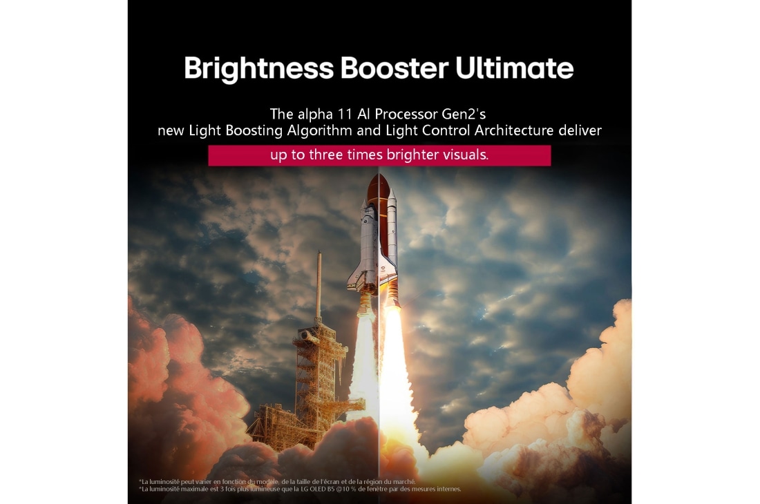 LG 83 inch LG OLED evo AI G5 4K 165Hz Smart TV AI Magic remote webOS25 2025 , A space shuttle launching from the ground. The scene is split in the middle with one half slightly darker and duller. The other half shows how the rocket blast is remarkably bright, demonstrating how , OLED83G56LA, thumbnail 6