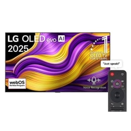 Front view of LG OLED evo AI G5 4K Smart TV. 12 Years of world number 1 OLED emblem and LG OLED evo AI 2025 logo are on the screen.