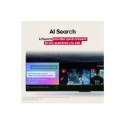LG 83 Inch OLED evo AI C5 TV with α9 Processor Gen8, Close-up of an LG TV showing how AI Search works. A small chat window is open showing how the user asked for what sports games are available. AI Search responded via chat and by showing thumbnails of , OLED83C56LA, thumbnail 11