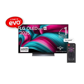 Front view of LG OLED evo AI C5 4K Smart TV. 12 Years of world number 1 OLED emblem and LG OLED evo AI 2025 logo are on the screen.1