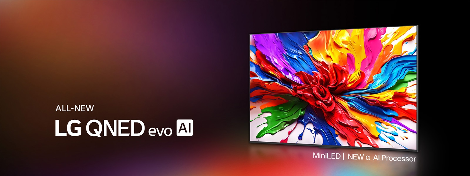 LG QNED TV against a colorful dark background. On the screen is a bright and colorful artwork that showcases QNED's color technology and ability to display a wide spectrum of hues with great contrast. All new LG QNED evo AI logo present. With subtitles calling out QNED's MiniLED and new alpha AI processor. Title reads, Every Color Redefined, New Experience Begins.