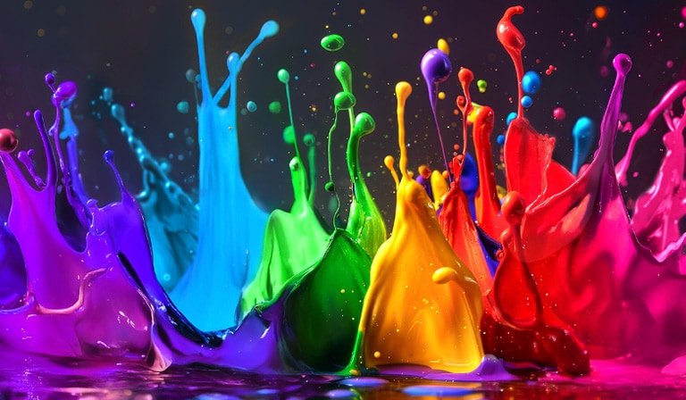 Splashes of paint burst from the floor up in diverse colors.