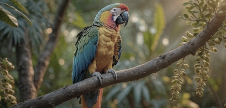 Lines animate across a very dull and almost gray image of a parrot in a forest as if a supercomputer is analyzing the elements in the frame. A laser traces the parrot's silhouette and then it is enhanced to be brighter, sharper, and more colorful. The background also transforms from left to right, now with improved contrast, depth, and colors.