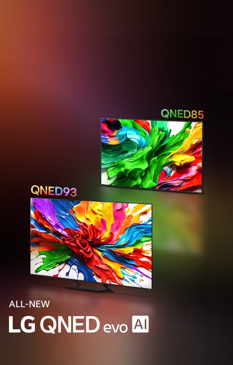 LG QNED92 and LG QNED85 TVs are side by side. Colorful artwork that highlights the new vivid and vibrant color reproduction technology of LG QNED are on their screens. ALL NEW LG QNED evo AI logo is also present.