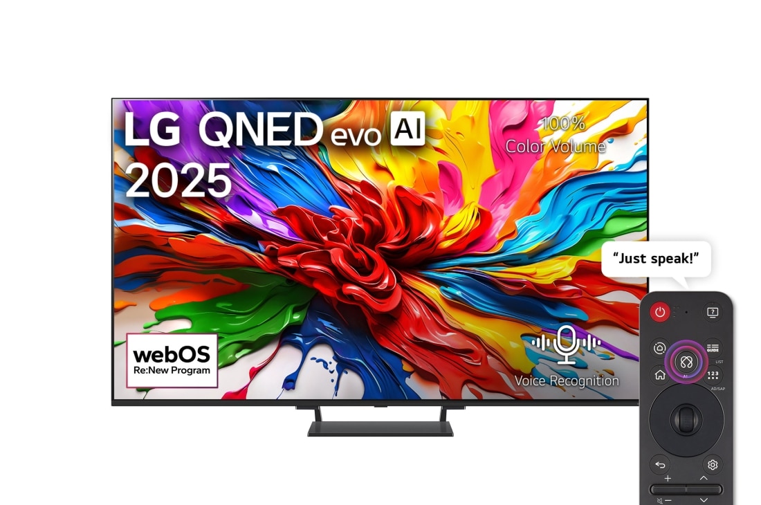 LG 85 inch LG QNED evo AI QNED93 4K 144Hz Smart TV AI Magic remote webOS25 2025, Front view of LG QNED evo QNED92 TV, LG QNED evo Al Logo on the top corner. LG QNED evo QNED92 TV TV depicts colorful paintike textures coming together., 85QNED93A6A