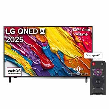 Front view of LG QNED82 TV, LG QNED Al Logo on the top corner. LG QNED82 TV depicts colorful paintike textures coming together.1