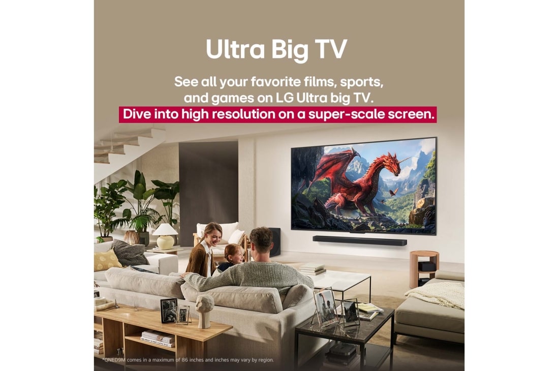 LG 75 inch LG QNED evo AI QNED9M 4K 144Hz Smart TV AI Magic remote webOS25 2025 , A family sits on a couch facing a LG QNED TV mounted on a wall above a LG Soundbar with a little girl pointing to a screen depicting two dolphins. The title talks about how every action is more thrill, 75QNED9MA6A, thumbnail 10