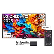 LG 75 inch LG QNED evo AI QNED9M 4K 144Hz Smart TV AI Magic remote webOS25 2025 , Front view of LG QNED evo AI QNED9M TV. LG QNED evo AI Logo on the. op corner. LG QNED evo TV depicts colorful paintike textures coming together. Zero Connect Box in the corner with the title, Zero Co, 75QNED9MA6A, thumbnail 1