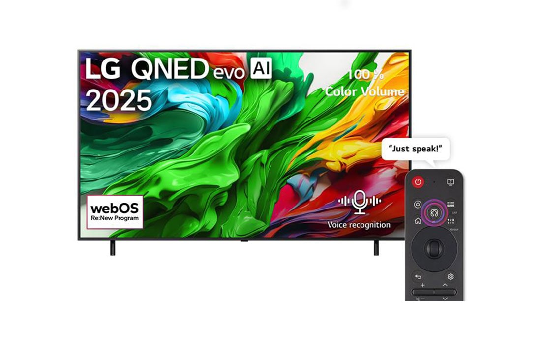 LG 100 inch LG QNED evo AI QNED86 4K 120Hz Smart TV AI Magic remote webOS25 2025, Front view of LG QNED evo QNED92 TV, LG QNED evo Al Logo on the top corner. LG QNED evo QNED92 TV TV depicts colorful paintike textures coming together., 100QNED86A6
