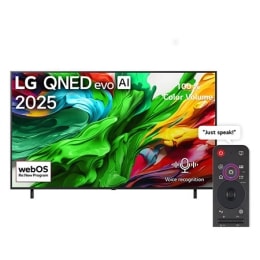 Vue avant de la TV LG QNED evo QNED86, logo LG QNED evo Al, dans le coin supérieur. La TV LG QNED evo QNED85 représente des textures colorées semblables à de la peinture, réunies.2