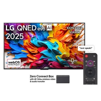Front view of LG QNED evo AI QNED9M TV. LG QNED evo AI Logo on the. op corner. LG QNED evo TV depicts colorful paintike textures coming together. Zero Connect Box in the corner with the title, Zero Co1