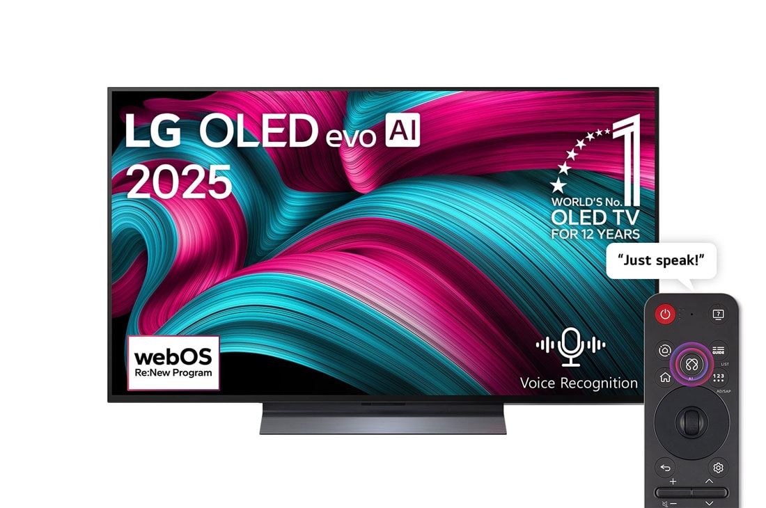 LG 48 inch LG OLED evo AI C5 4K 144Hz Smart TV AI Magic remote webOS25 2025 , Front view of LG OLED evo AI C5 4K Smart TV. 12 Years of world number 1 OLED emblem and LG OLED evo AI 2025 logo are on the screen., OLED48C56LA