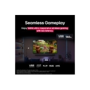 LG 86 inch LG QNED evo AI QNED9M 4K 144Hz Smart TV AI Magic remote webOS25 2025 , A dimly lit living room with a game screen depicted on the QNED9M. Zero Connect Box sits inside a coffee table. Text talks about 144Hz ultra-responsive wireless gaming with low latency., 86QNED9MA6A, thumbnail 5