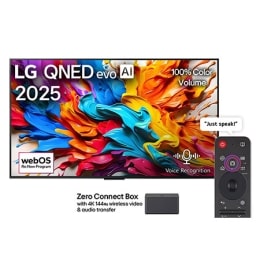 Front view of LG QNED evo AI QNED9M TV. LG QNED evo AI Logo on the. op corner. LG QNED evo TV depicts colorful paintike textures coming together. Zero Connect Box in the corner with the title, Zero Co2