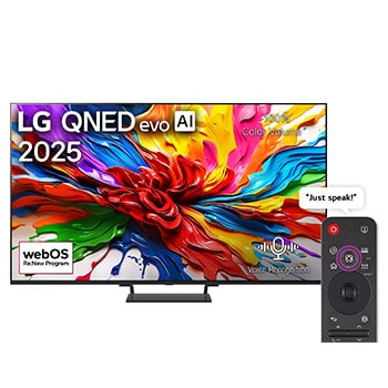 Front view of LG QNED evo QNED93 TV, LG QNED evo Al Logo on the top corner. LG QNED evo QNED93 TV TV depicts colorful paintike textures coming together.1