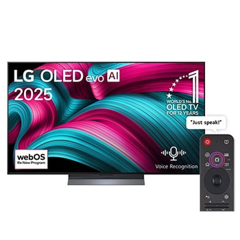 Front view of LG OLED evo AI C5 4K Smart TV. 12 Years of world number 1 OLED emblem and LG OLED evo AI 2025 logo are on the screen.1